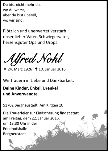 Anzeige von Alfred Nohl von Kölner Stadt-Anzeiger / Kölnische Rundschau / Express