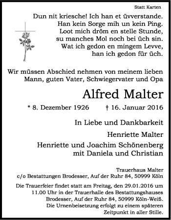 Anzeige von Alfred Malter von Kölner Stadt-Anzeiger / Kölnische Rundschau / Express