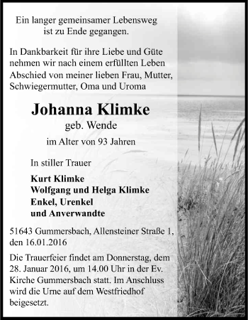 Anzeige von Johanna Klimke von Kölner Stadt-Anzeiger / Kölnische Rundschau / Express