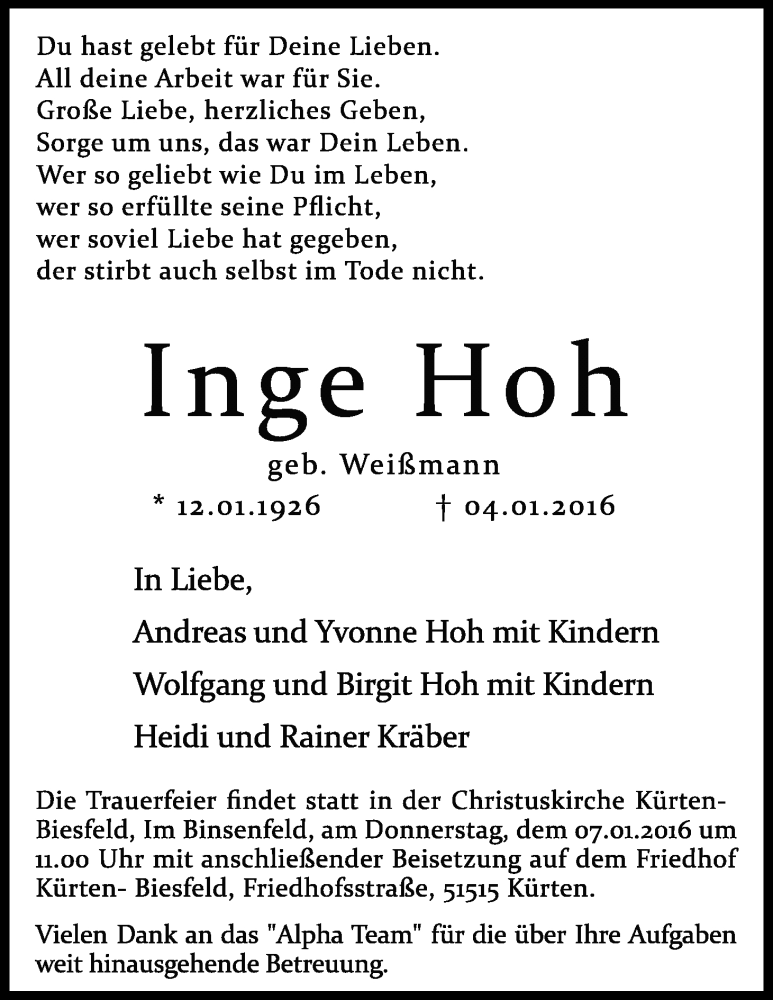  Traueranzeige für Inge Hoh vom 06.01.2016 aus Kölner Stadt-Anzeiger / Kölnische Rundschau / Express