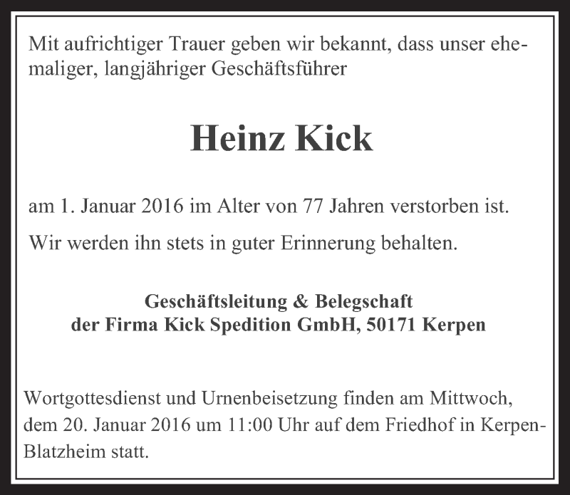  Traueranzeige für Heinz Kick vom 13.01.2016 aus  Werbepost 