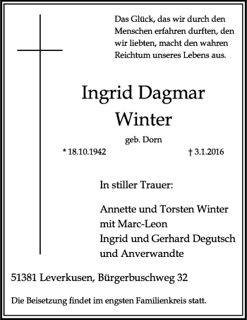 Anzeige von Ingrid Dagmar Winter von Kölner Stadt-Anzeiger / Kölnische Rundschau / Express