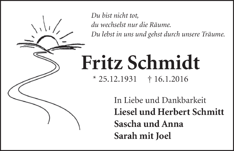  Traueranzeige für Fritz Schmidt vom 20.01.2016 aus  Schlossbote/Werbekurier 