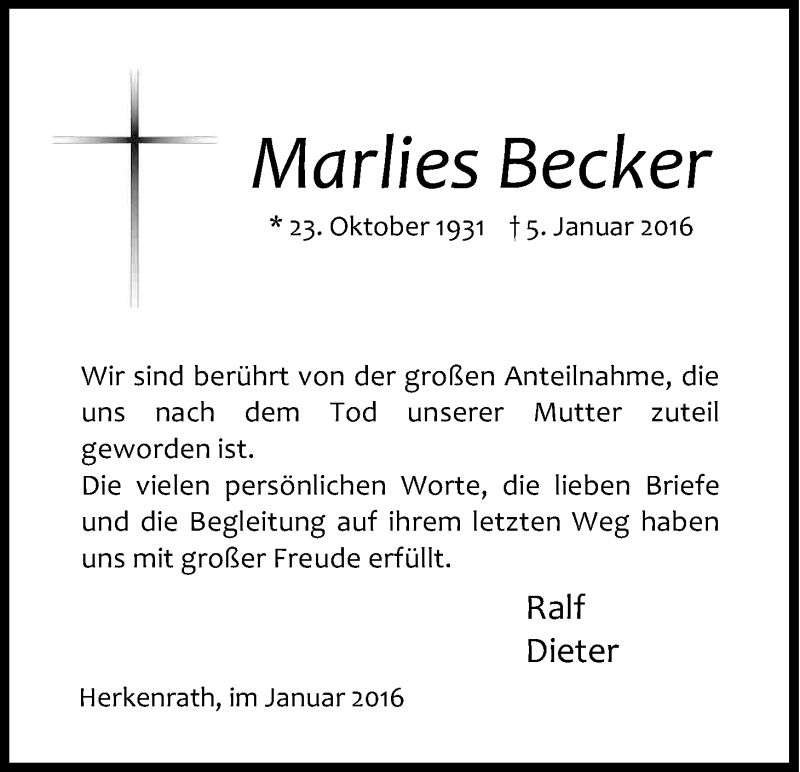  Traueranzeige für Marlies Becker vom 30.01.2016 aus Kölner Stadt-Anzeiger / Kölnische Rundschau / Express