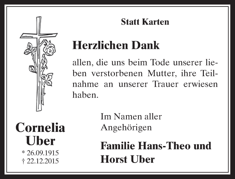  Traueranzeige für Cornelia Uber vom 27.01.2016 aus  Wochenende 