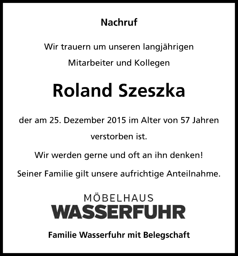  Traueranzeige für Roland Szeszka vom 09.01.2016 aus Kölner Stadt-Anzeiger / Kölnische Rundschau / Express
