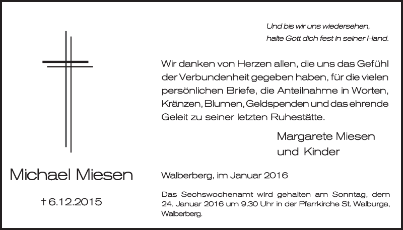  Traueranzeige für Michael Miesen vom 13.01.2016 aus  Schlossbote/Werbekurier 