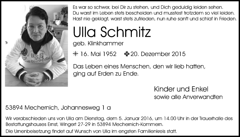  Traueranzeige für Ulla Schmitz vom 03.01.2016 aus  Blickpunkt Euskirchen 