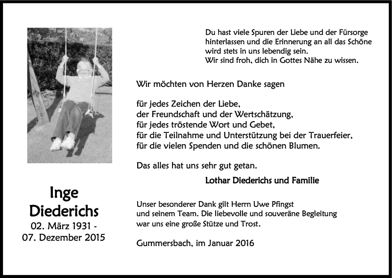  Traueranzeige für Inge Diederichs vom 30.01.2016 aus Kölner Stadt-Anzeiger / Kölnische Rundschau / Express