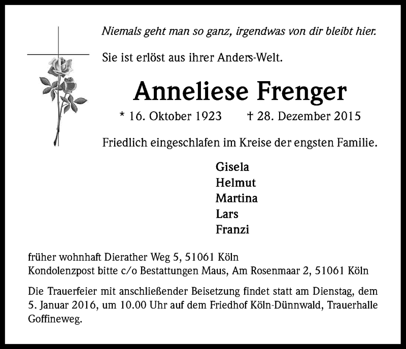  Traueranzeige für Anneliese Frenger vom 02.01.2016 aus Kölner Stadt-Anzeiger / Kölnische Rundschau / Express