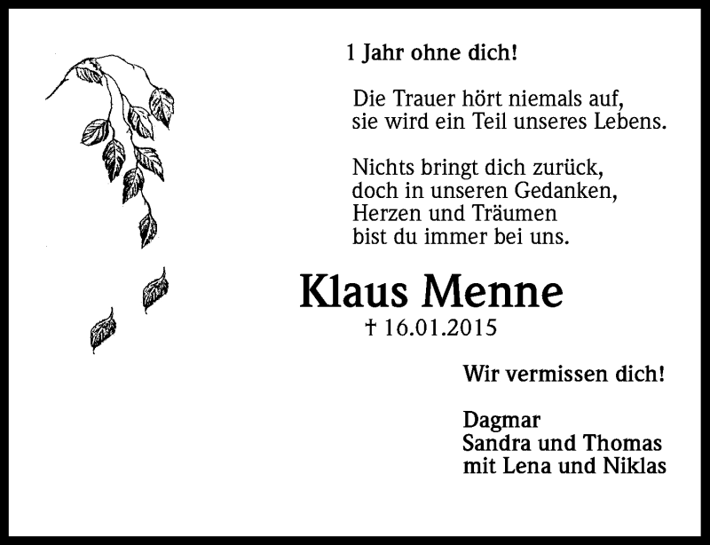  Traueranzeige für Klaus Menne vom 16.01.2016 aus Kölner Stadt-Anzeiger / Kölnische Rundschau / Express