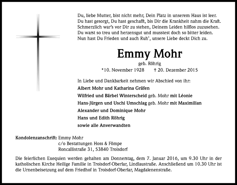  Traueranzeige für Emmy Mohr vom 02.01.2016 aus Kölner Stadt-Anzeiger / Kölnische Rundschau / Express