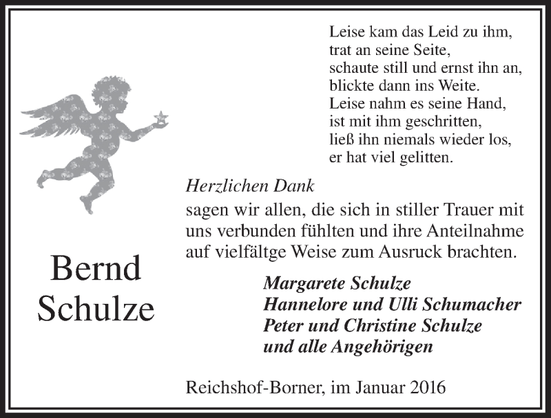  Traueranzeige für Bernd Schulze vom 27.01.2016 aus  Lokalanzeiger 