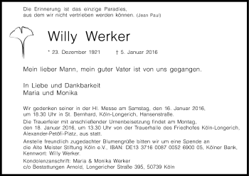 Anzeige von Willy Werker von Kölner Stadt-Anzeiger / Kölnische Rundschau / Express