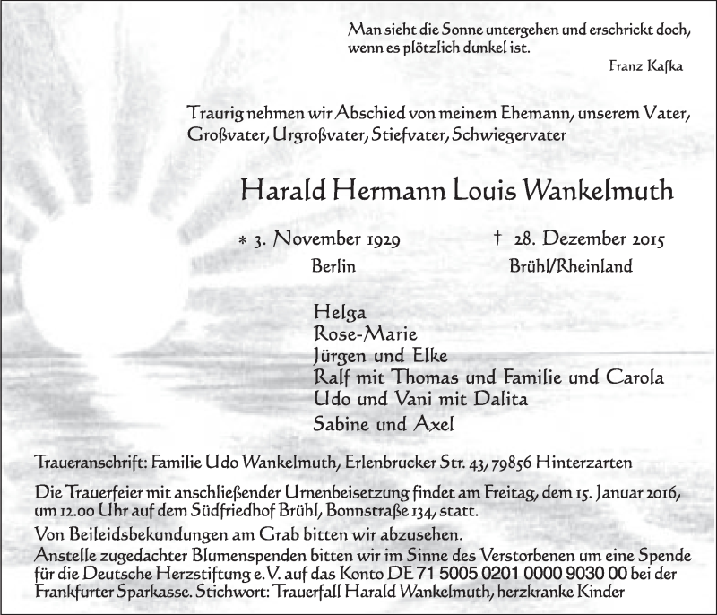  Traueranzeige für Harald Hermann Louis Wankelmuth vom 13.01.2016 aus  Schlossbote/Werbekurier 
