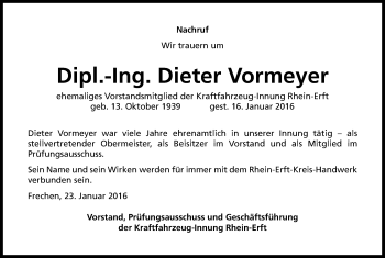 Anzeige von Dieter Vormeyer von Kölner Stadt-Anzeiger / Kölnische Rundschau / Express