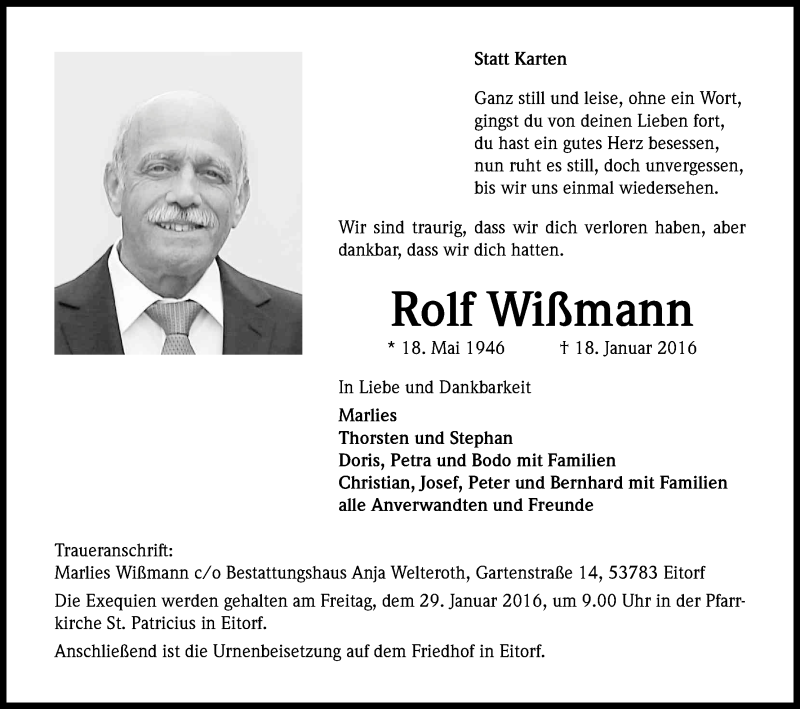  Traueranzeige für Rolf Wißmann vom 23.01.2016 aus Kölner Stadt-Anzeiger / Kölnische Rundschau / Express