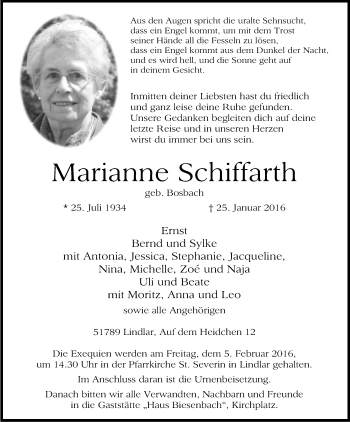 Anzeige von Marianne Schiffarth von Kölner Stadt-Anzeiger / Kölnische Rundschau / Express