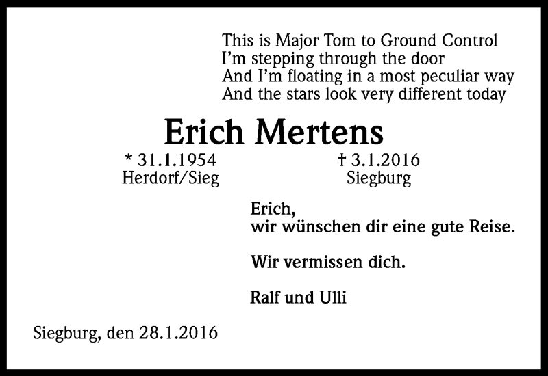  Traueranzeige für Erich Mertens vom 30.01.2016 aus Kölner Stadt-Anzeiger / Kölnische Rundschau / Express