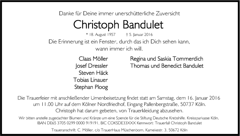  Traueranzeige für Christoph Bandulet vom 09.01.2016 aus Kölner Stadt-Anzeiger / Kölnische Rundschau / Express