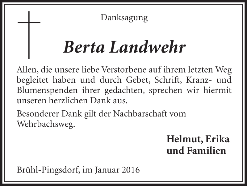  Traueranzeige für Berta Landwehr vom 27.01.2016 aus  Schlossbote/Werbekurier 
