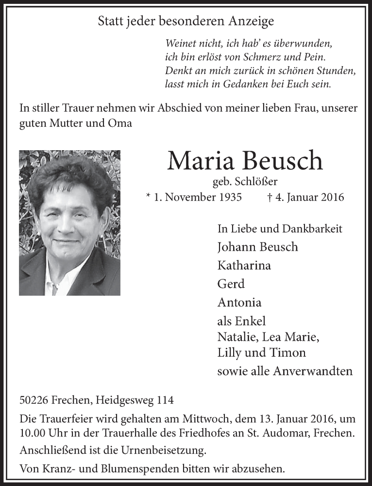  Traueranzeige für Maria Beusch vom 09.01.2016 aus  Sonntags-Post 