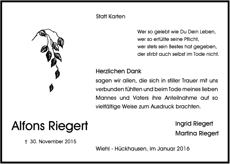  Traueranzeige für Alfons Riegert vom 13.01.2016 aus  Anzeigen Echo 