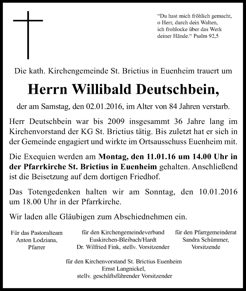  Traueranzeige für Willibald Deutschbein vom 08.01.2016 aus Kölner Stadt-Anzeiger / Kölnische Rundschau / Express