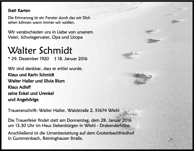  Traueranzeige für Walter Schmidt vom 23.01.2016 aus Kölner Stadt-Anzeiger / Kölnische Rundschau / Express