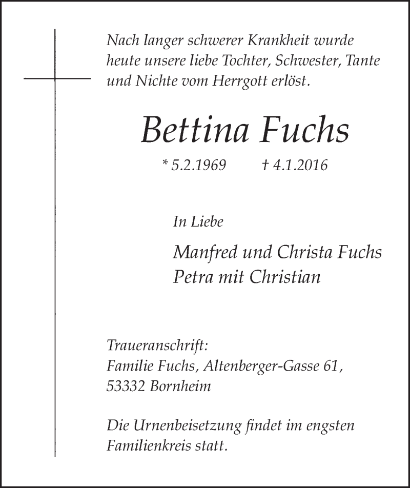  Traueranzeige für Bettina Fuchs vom 13.01.2016 aus  Schlossbote/Werbekurier 