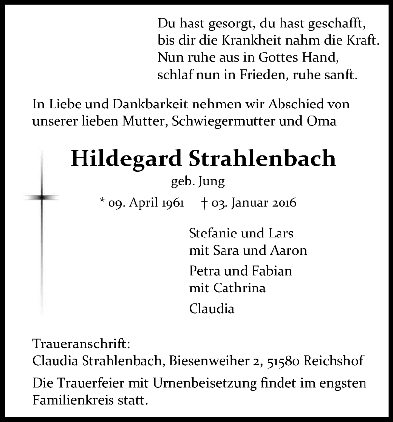  Traueranzeige für Hildegard Strahlenbach vom 08.01.2016 aus Kölner Stadt-Anzeiger / Kölnische Rundschau / Express