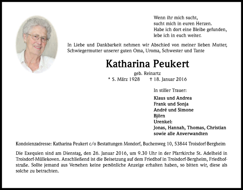  Traueranzeige für Katharina Peukert vom 23.01.2016 aus Kölner Stadt-Anzeiger / Kölnische Rundschau / Express