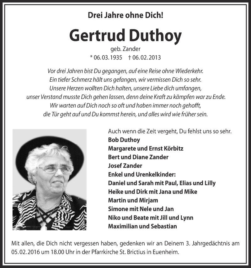  Traueranzeige für Gertrud Duthoy vom 31.01.2016 aus  Blickpunkt Euskirchen 