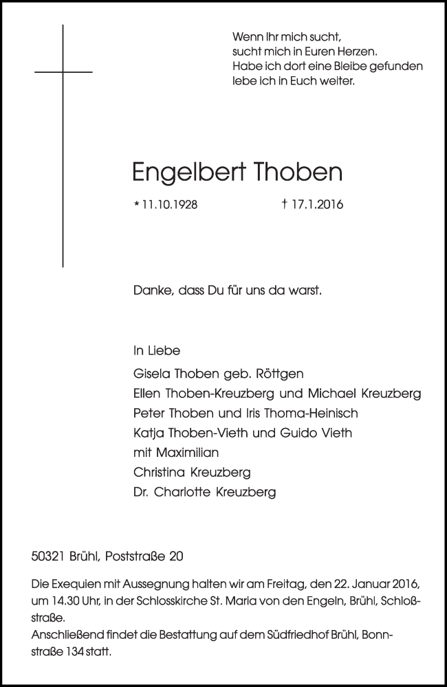  Traueranzeige für Engelbert Thoben vom 20.01.2016 aus  Schlossbote/Werbekurier 