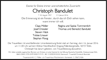 Anzeige von Christoph Bandulet von Kölner Stadt-Anzeiger / Kölnische Rundschau / Express
