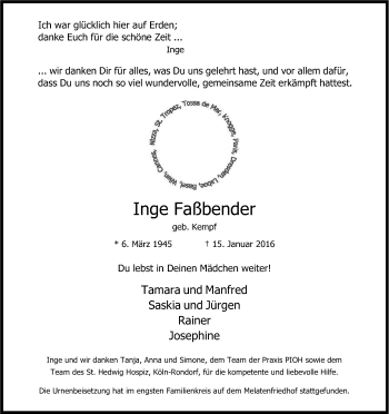 Anzeige von Inge Faßbender von Kölner Stadt-Anzeiger / Kölnische Rundschau / Express