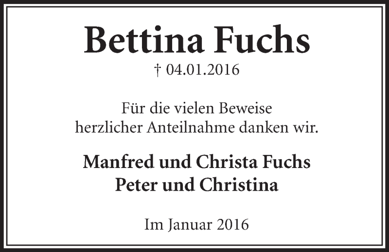  Traueranzeige für Bettina Fuchs vom 20.01.2016 aus  Schlossbote/Werbekurier 