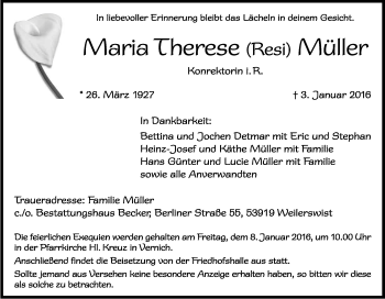 Anzeige von Maria Therese Müller von Kölner Stadt-Anzeiger / Kölnische Rundschau / Express