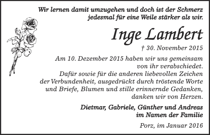  Traueranzeige für Inge Lambert vom 13.01.2016 aus  Kölner Wochenspiegel 