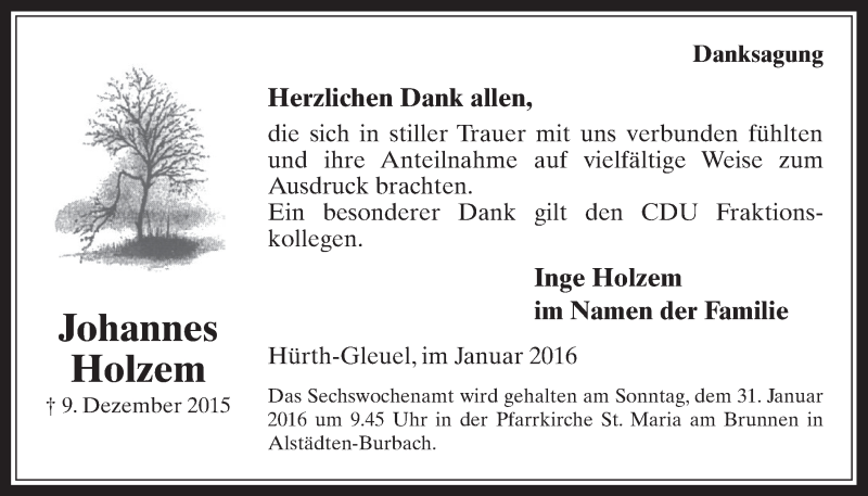  Traueranzeige für Johannes Holzem vom 20.01.2016 aus  Wochenende 