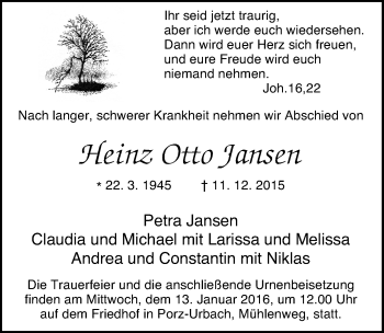 Anzeige von Heinz Otto Jansen von  Kölner Wochenspiegel 