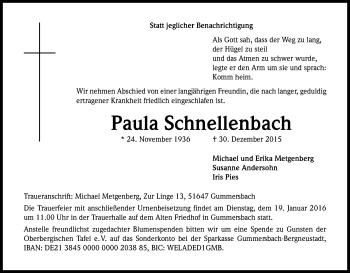 Anzeige von Paula Schnellenbach von Kölner Stadt-Anzeiger / Kölnische Rundschau / Express