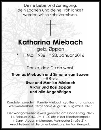 Anzeige von Katharina Miebach von Kölner Stadt-Anzeiger / Kölnische Rundschau / Express
