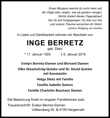 Anzeige von Inge Berretz von Kölner Stadt-Anzeiger / Kölnische Rundschau / Express