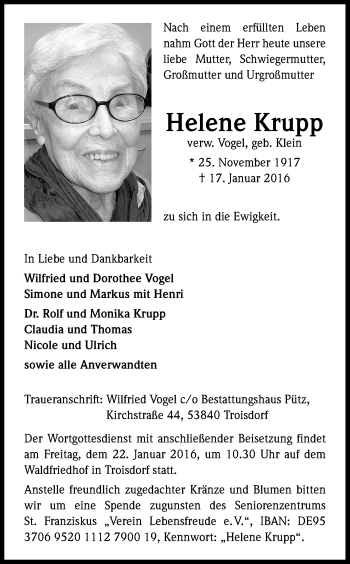 Anzeige von Helene Krupp von Kölner Stadt-Anzeiger / Kölnische Rundschau / Express