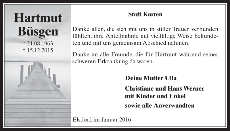  Traueranzeige für Hartmut Büsgen vom 27.01.2016 aus  Werbepost 