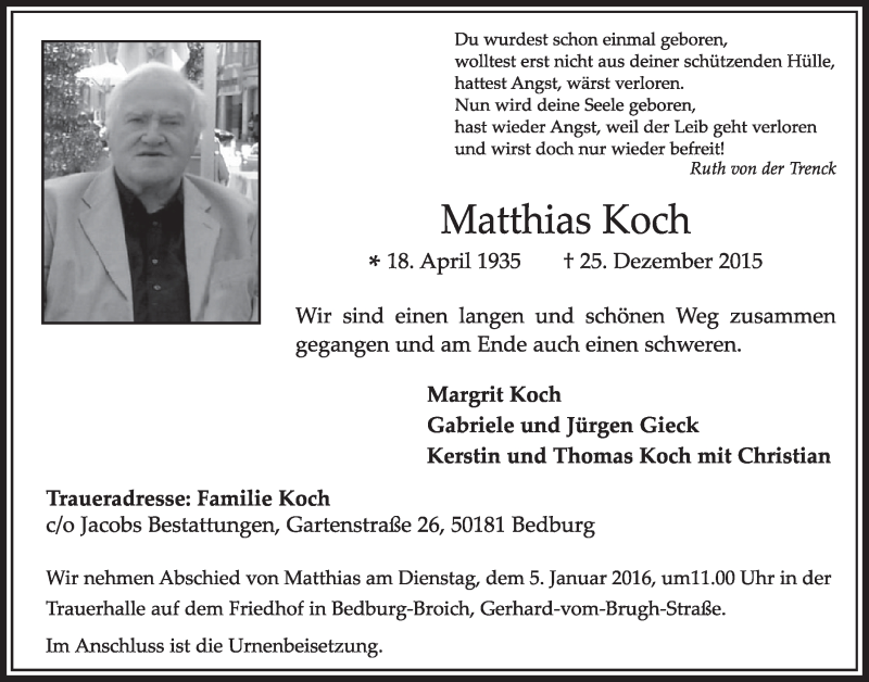  Traueranzeige für Matthias Koch vom 02.01.2016 aus  Sonntags-Post 