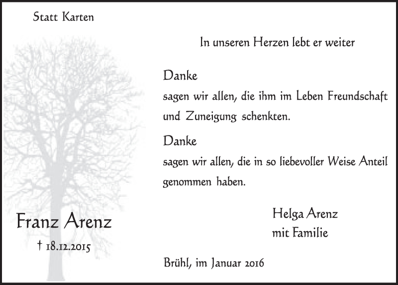  Traueranzeige für Franz Arenz vom 27.01.2016 aus  Schlossbote/Werbekurier 
