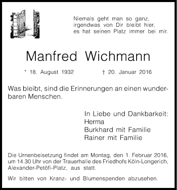 Anzeige von Manfred Wichmann von Kölner Stadt-Anzeiger / Kölnische Rundschau / Express