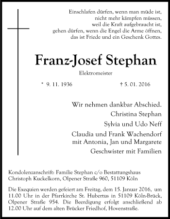 Anzeige von Franz-Josef Stephan von Kölner Stadt-Anzeiger / Kölnische Rundschau / Express
